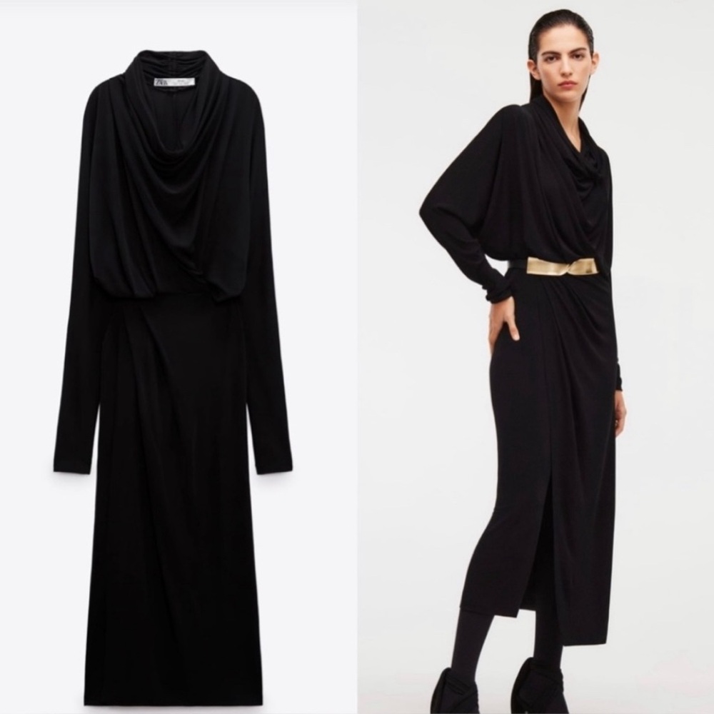 ZARA DRAPE MIDI DRESS LIMITED EDITION SIZE XL COLOR BLACK NWT
